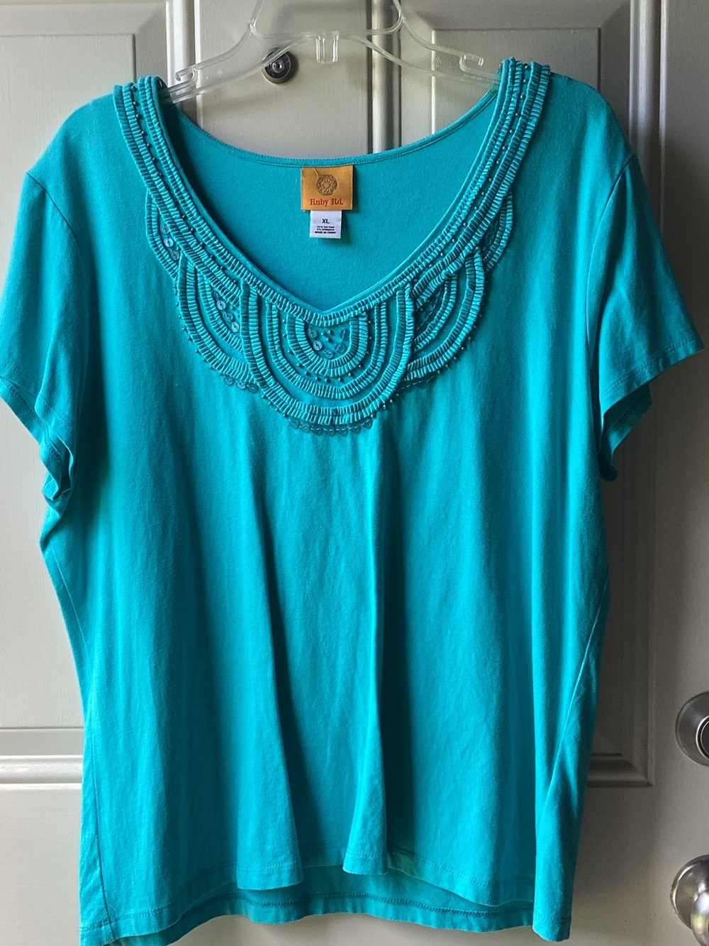Ruby Rd. Teal Embellished V-Neck Short Sleeve Top